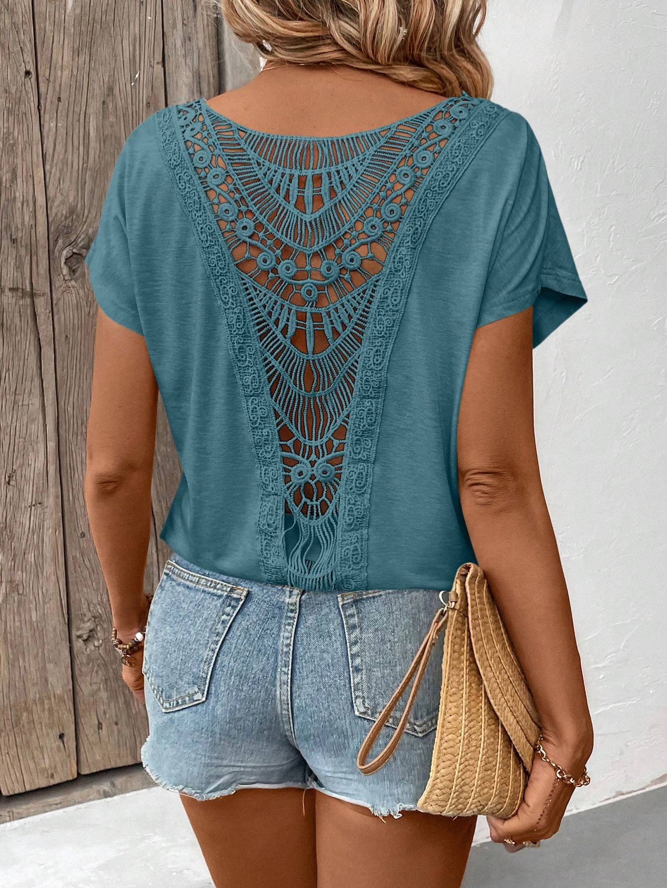 Neck Lace Patchwork Summer Short Sleeve T-Shirt