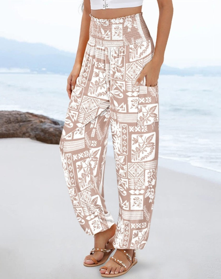 Sling Smocking Waist Positioning Printed Wide Leg Jumpsuit
