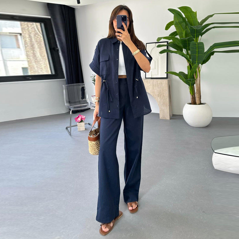 Women's Casual Drawstring Top All-matching Trousers Two-piece Suit