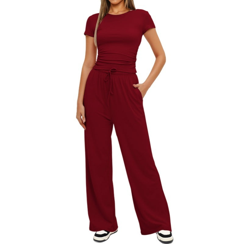 Fashion Casual Set Pleated Short Sleeves Top And Trousers