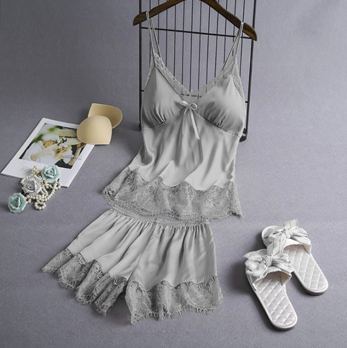 New Elastic Satin Lace Suit Nightdress With Suspenders Korean Style Suspenders